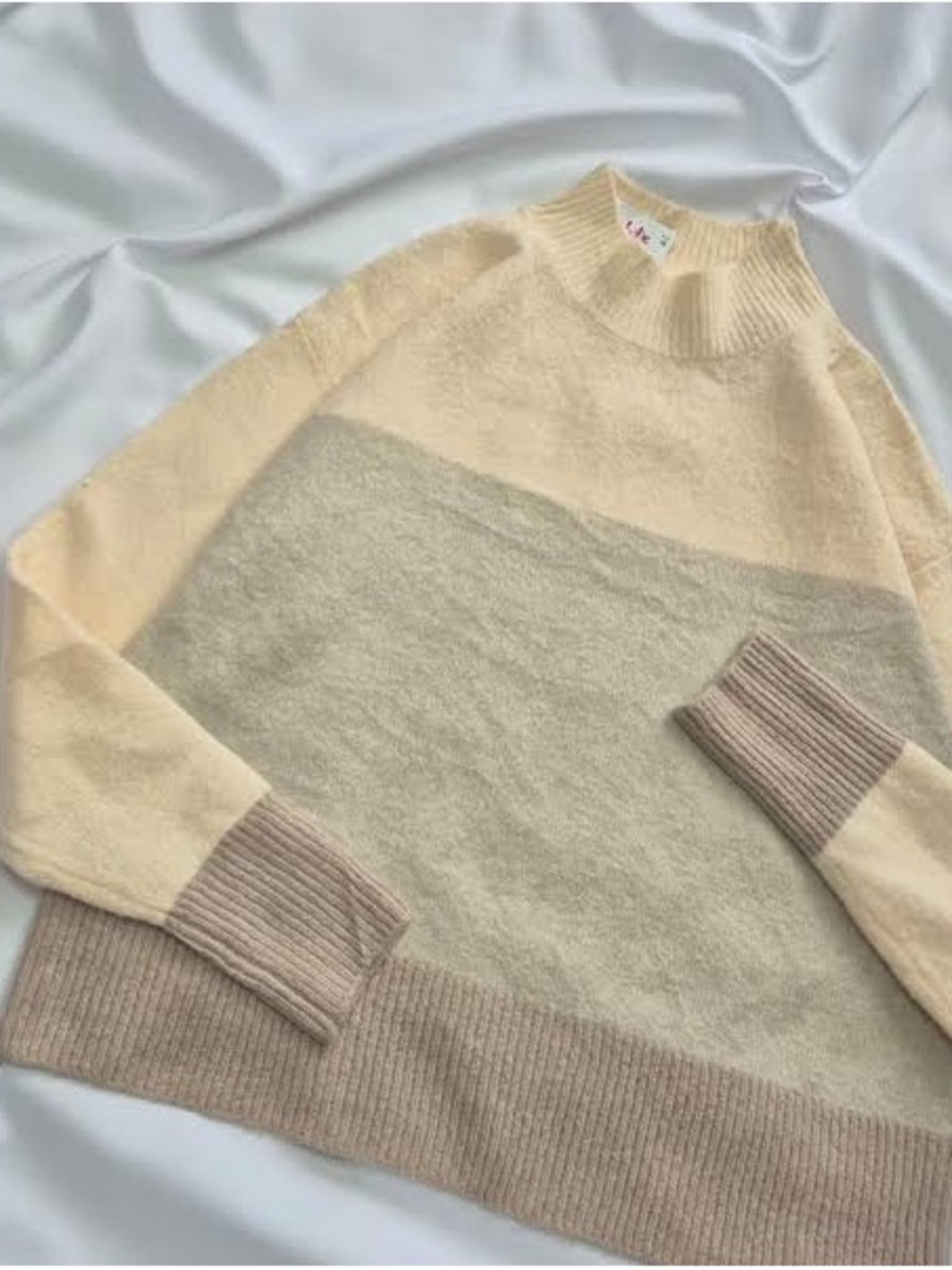For The Republic Cream, Beige & Taupe Colorblock Turtleneck Sweater